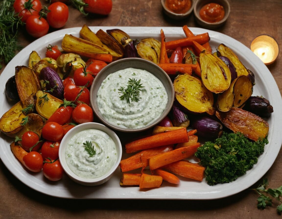 Ofengemüse mit Kräuterquark serviert   - Schnelles einfaches Abendessen warm: Leckere Rezepte für den Feierabend