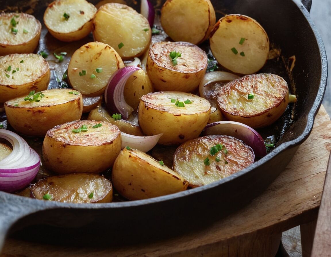 Zwiebeln erst nach Hälfte der Bratzeit zufügen   - Bratkartoffeln aus rohen Kartoffeln: So gelingen sie besonders knusprig