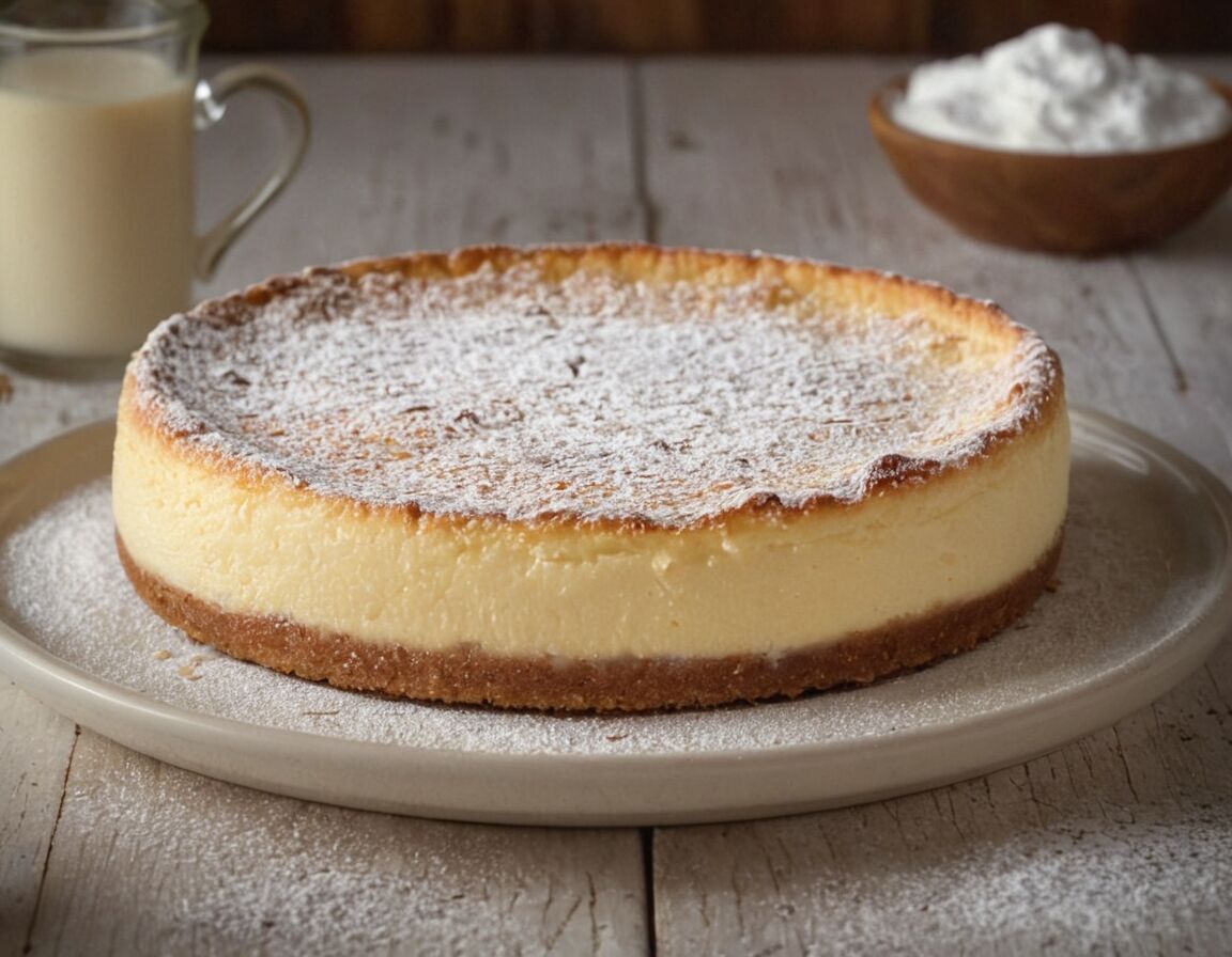 Abkühlen lassen und mit Puderzucker bestäuben   - Omas Käsekuchen ohne Boden mit Puddingpulver – Das leckere, einfache Rezept