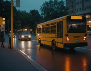 Wie verhalten Sie sich, wenn ein Bus an einer Haltestelle hält und Warnblinklicht ist?