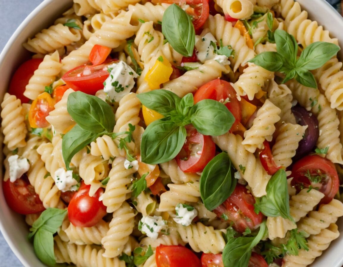 Gemüse und Nudeln mit dem Dressing vermengen   - Veganer Nudelsalat Rezept – Voller Geschmack, ganz ohne tierische Produkte