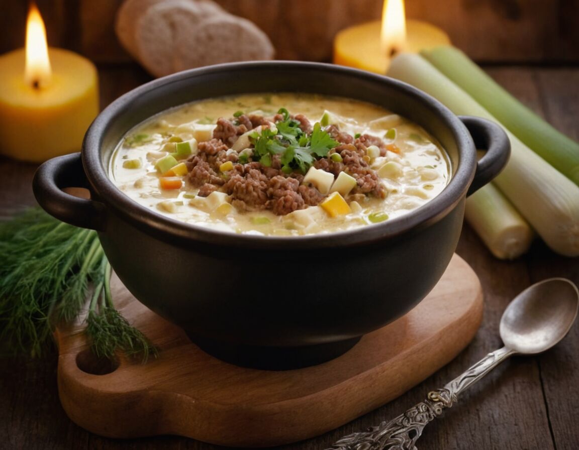 Sahne und Schmelzkäse unterrühren   - Hackfleisch Käse Lauch Suppe – Das beliebte Rezept schnell und einfach