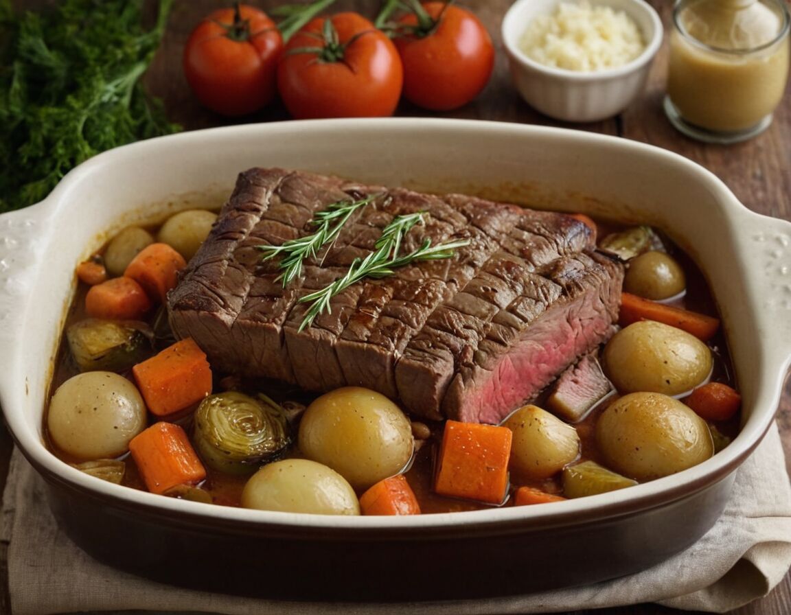 Braten und Gemüse mit Brühe angießen und bedecken   - Rinderbraten zart im Backofen: Schritt-für-Schritt zum Sonntagsbraten