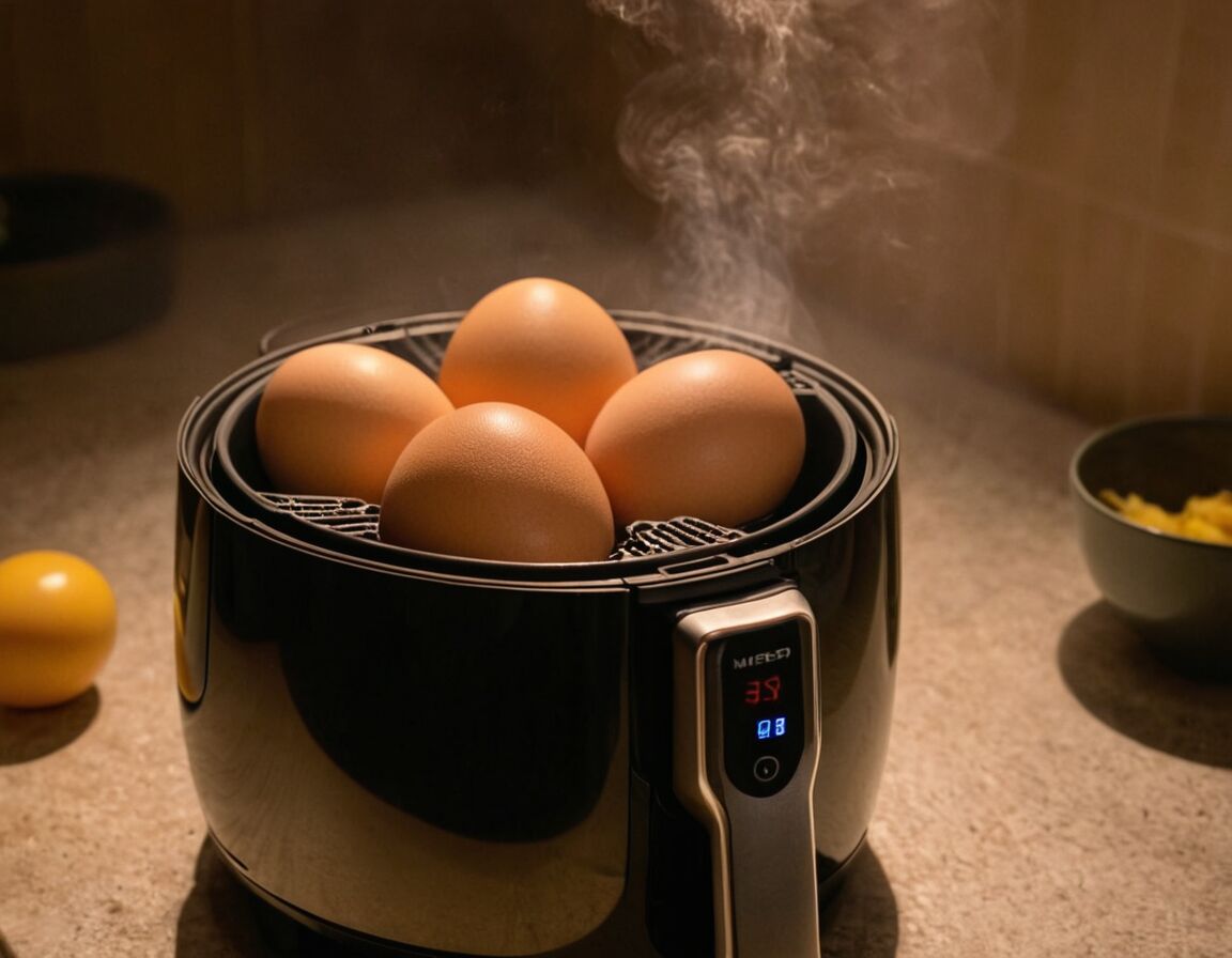 Nach Ablauf der Zeit Eier sofort abschrecken - Eier kochen in der Heißluftfritteuse – So gelingt’s auf den Punkt
