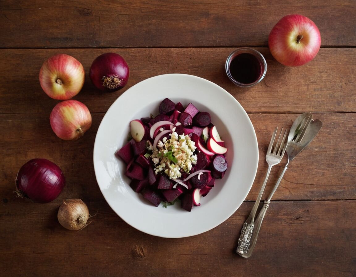 Rote Bete, Äpfel, Zwiebeln mischen   - Rote Bete Salat nach Omas Art: Klassisches Rezept, einfach erklärt